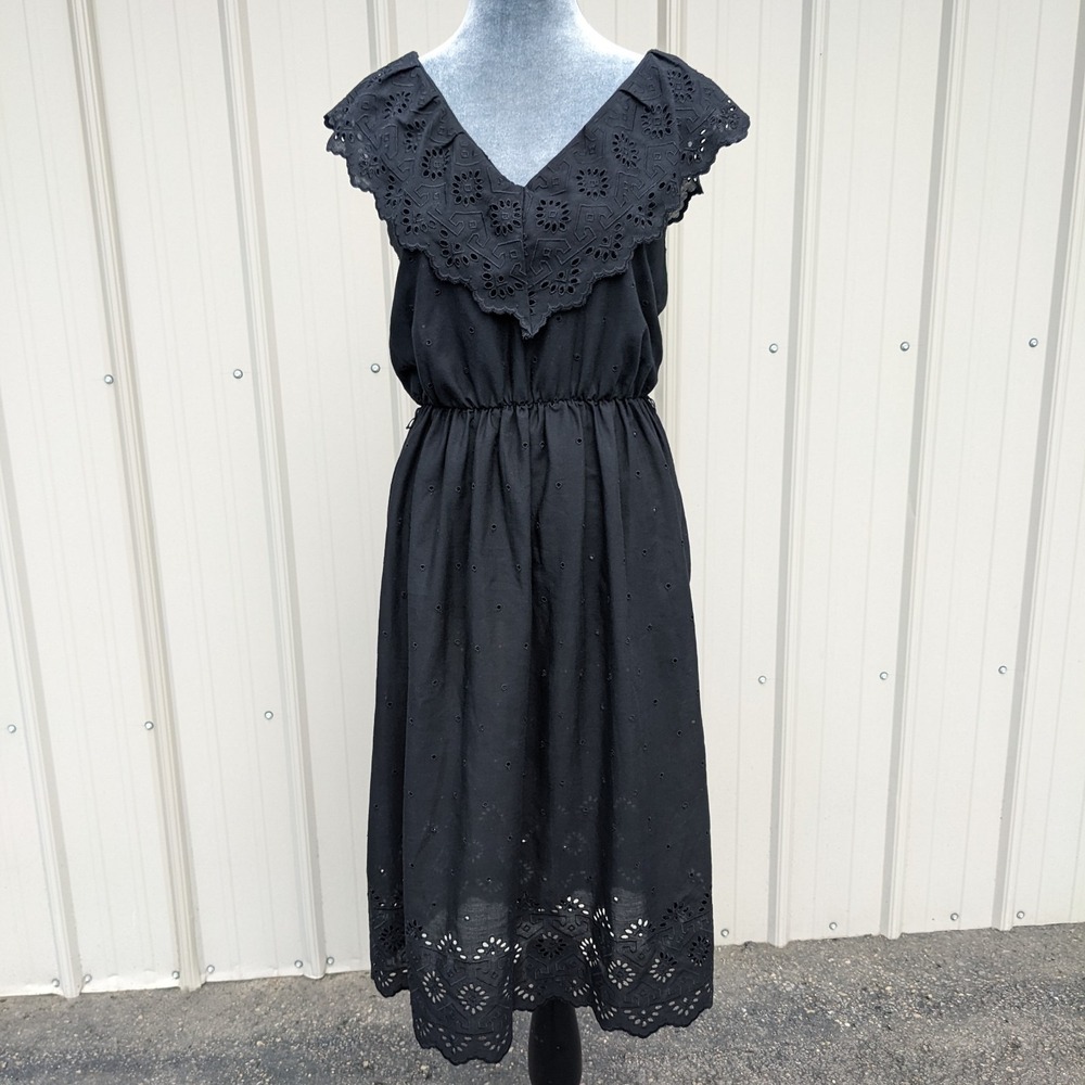 Vintage Black Eyelet Peasant Midi Dress XS Broderie Boho Cottagecore Whimsigoth
